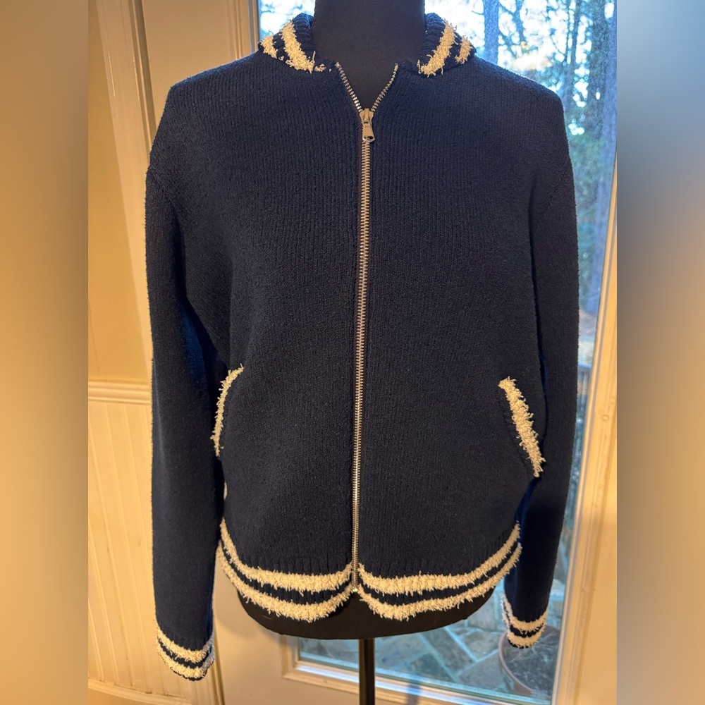 English Factory bomber style sweater , navy and white, front pockets, zipper